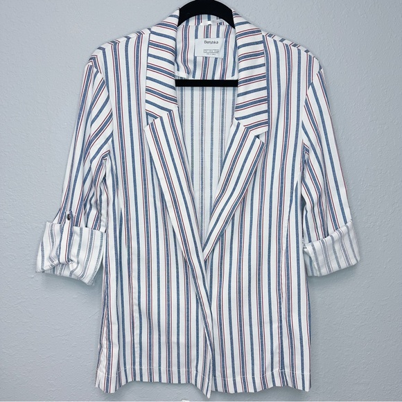 BERSHKA Woman’s Summer Blazer Linen Pinstripe Preppy lightweight Casual SMALL - Picture 1 of 4